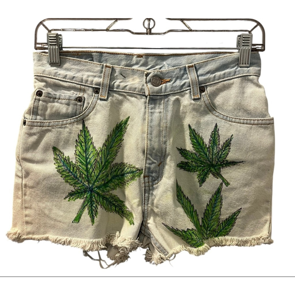 Vintage 2002 Levi's 517 Custom Hemp Leaf Blue Denim Shorts Size 16 Y2K Festival